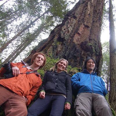 Backing against a giant Douglas fir in Francis King Regional Park
