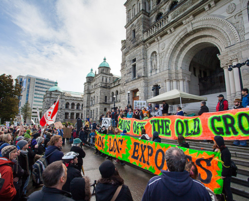 Environmentalists rally with forestry workers at a rally at the provincial legislature organized by the Ancient Forest Alliance (AFA) and the Private and Public Workers of Canada (PPWC) before the 2013 provincial election.