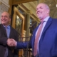 B.C. Green Party Leader Andrew Weaver and B.C. NDP Leader John Horgan shaking hands on May 29-2017