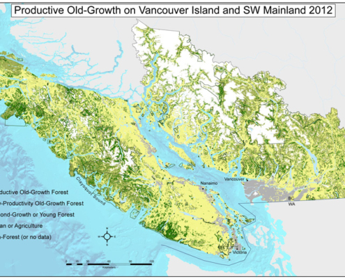 A map of the remaining productive old-growth forests left on Vancouver Island and the SW Mainland as of 2012.