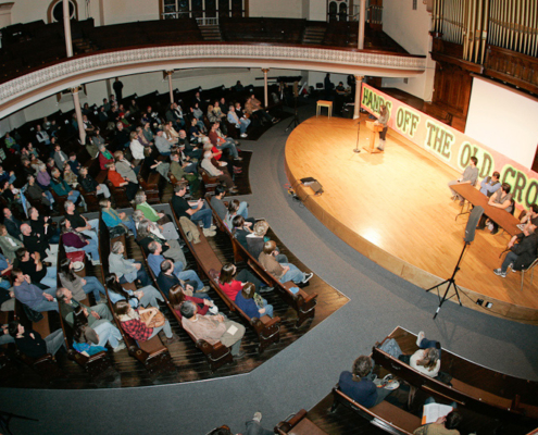 Stage and crowd at the very start of the night. The crowd increased another 30% in size over the next half hour!