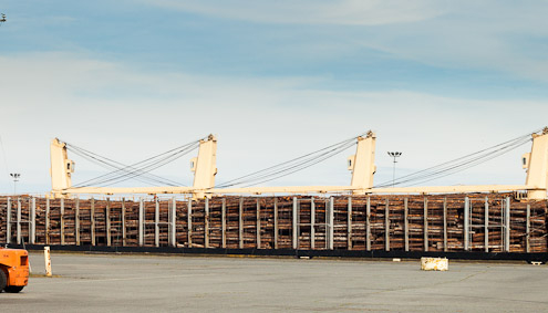 A ship loaded with raw logs awaiting export. Nanaimo