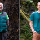 A man with grey hair and a beard stands in front of a massive old-growth tree wearing a puffy Patagonia vest and neon green t-shirt. Beside him on the right is a photo of another man with red hair and a beard wearing a teal Ancient Forest Alliance t-shirt, also standing in an old-growth forest.