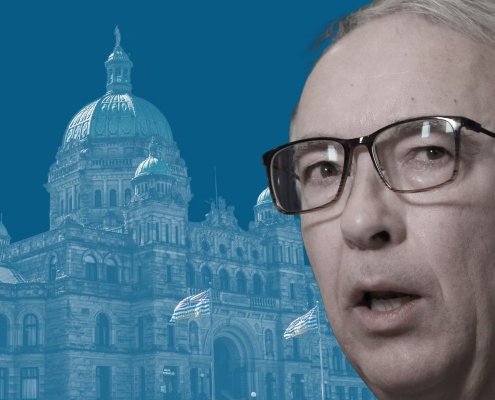 A graphic image of the BC legislature in shades of blue, with a photo of John Rustad in the forefront.