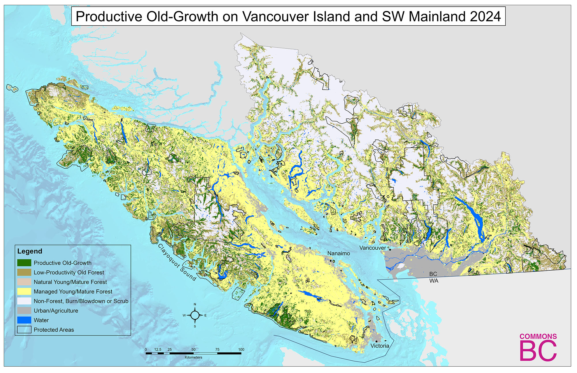 A map showcasing how little old-growth forests remain on Vancouver Island and the south coast of BC.